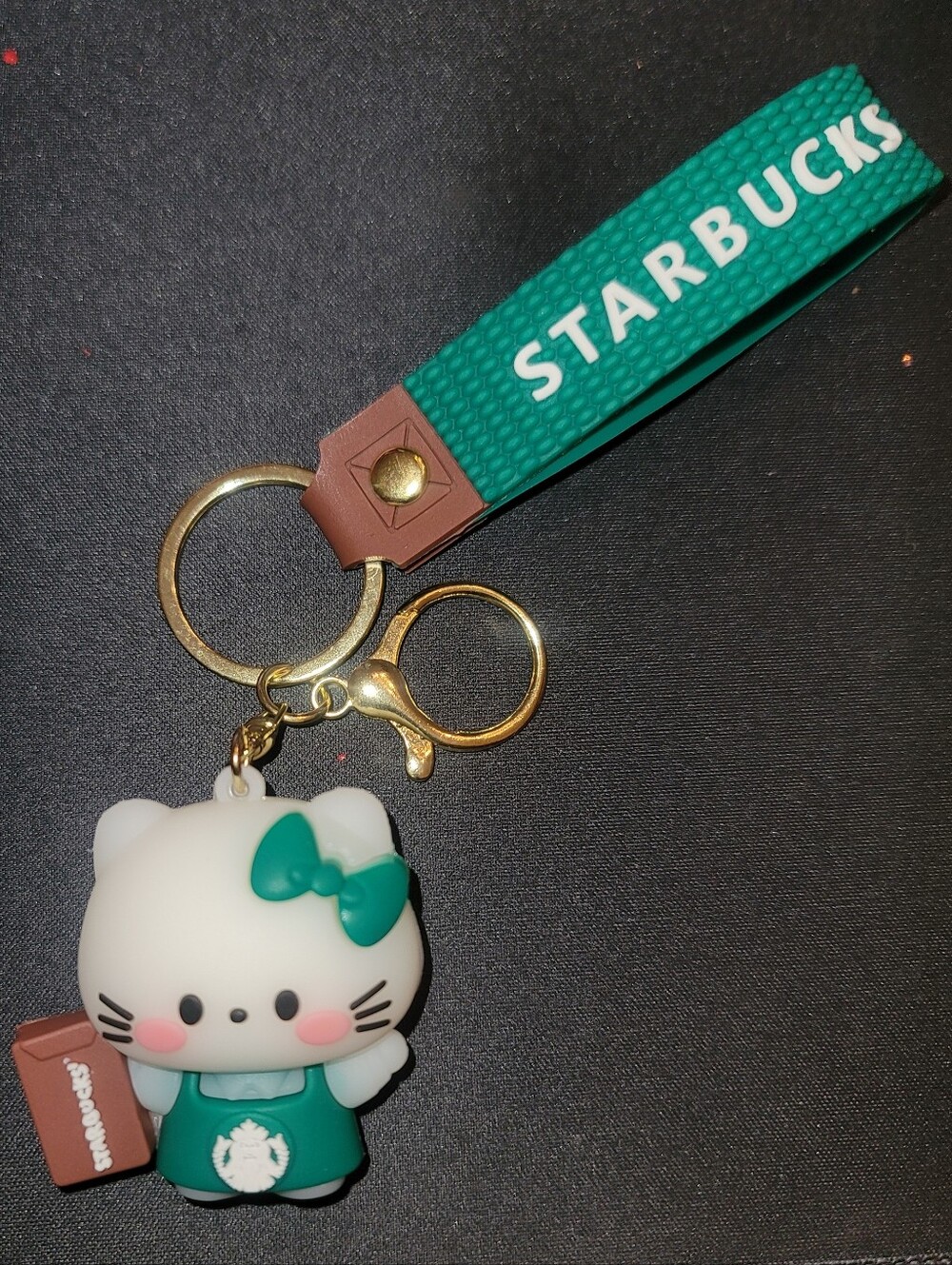 NEW-Starbucks Teal and White Cat Charm Keychain with Gold Hardware